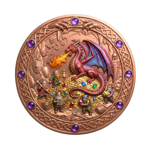 Moneta Commemorativa Squisita Prime da 1oz in Rame .999 con Drago di Fuoco e Gnomi, Gemma d'Oro 3D in Rilievo, con Mitologia per Regalo Fantasy - Product Image 1