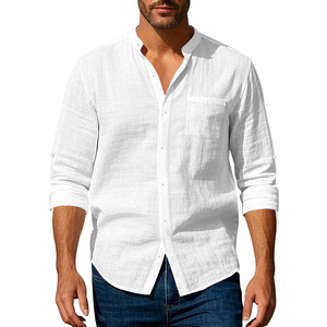 Bán Buôn Thoáng Khí Camisas De Lino Hombre Nút Màu Rắn Xuống Dài Tay Áo Linen Áo Sơ Mi Nam Quần Áo - Product Image 3