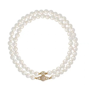 Collier de clavicule double couche magnétique haut de gamme pour femme, plaqué or, avec fausses perles de riz, style Empress Dowager Vivienne Saturn - Product Image 5