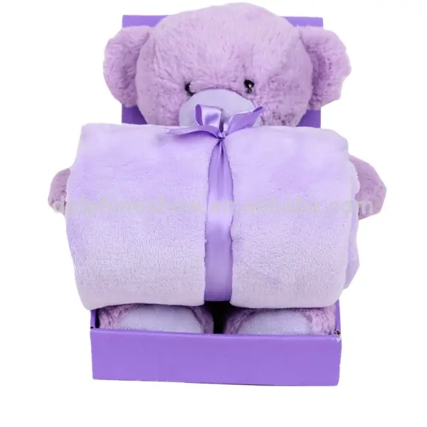 newborn gifts set purple plush sleeping bear baby blanket custom private label blanket packaging box set