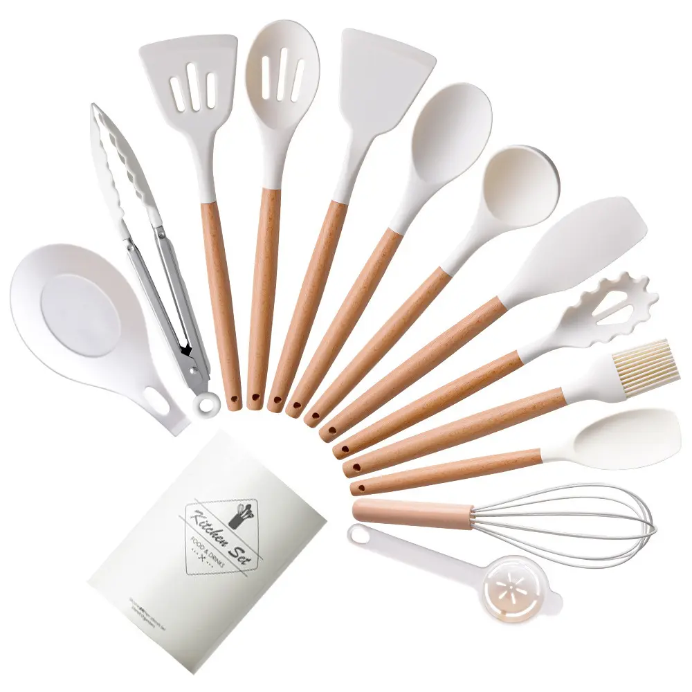 Manche en bois Ensemble d'ustensiles de cuisine en silicone Poêle antiadhésive Ustensiles de cuisine Ensemble d'outils ménagers de 14 pièces