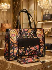 2026 Modern Multi Pattern Canvas Tote Bag <b>Set</b> 2pcs Women's Waterproof Shoulder Bag Front Pocket Matching <b>Large</b> Capacity - Product Image 3