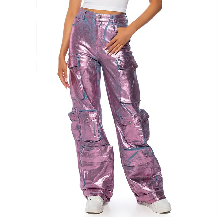 Street wear metallic pink wax coated print wide loose leg multiple baggy pockets stretched elastic cargo denim jeans long pants