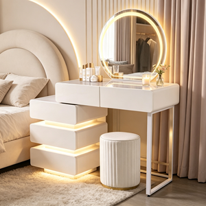 Modern Minimalist Makeup <b>Vanity</b> With Lighted Round <b>Mirror</b> And Storage Drawers Bedroom <b>Dressing</b> <b>Table</b> With Stool - Product Image 5