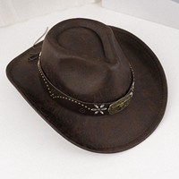 Chapeau de cowboy vintage unisexe en gros, style western vieilli, avec boucle de taureau, rivets, ceinture en cuir, large bord en daim, idéal pour l'extérieur
