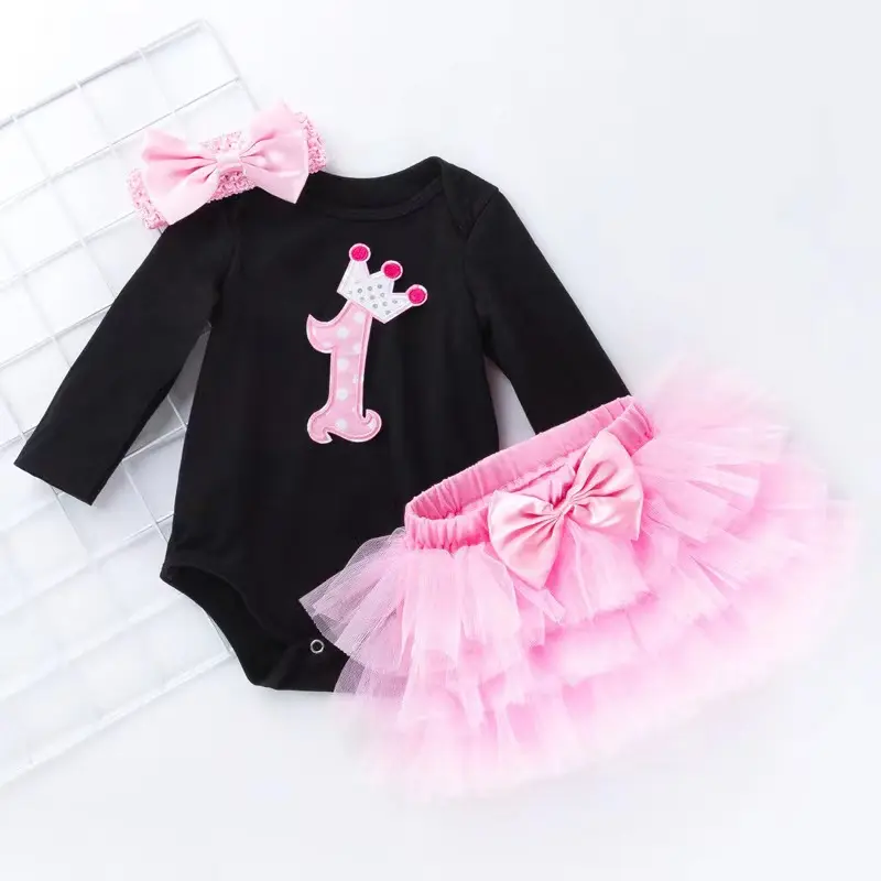 Cotton Autumn 1 2 Years Old First Infant Clothing Princess Birthday Outfit Girl Pink Tutu Skirts Set Fall Baby Long Sleeve Dress