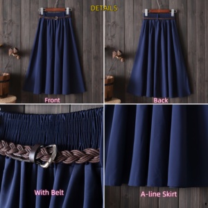 Women Elegant Summer A-line <strong>Skirt</strong> High Waist Belted Lady Young Girl Solid Casual Midi <strong>Skirt</strong> - Product Image 4