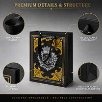 Sac cadeau noir haut de gamme pour vin, spiritueux, bougies, avec logo personnalisé en or, impression offset, construction robuste, poignée en ruban de luxe