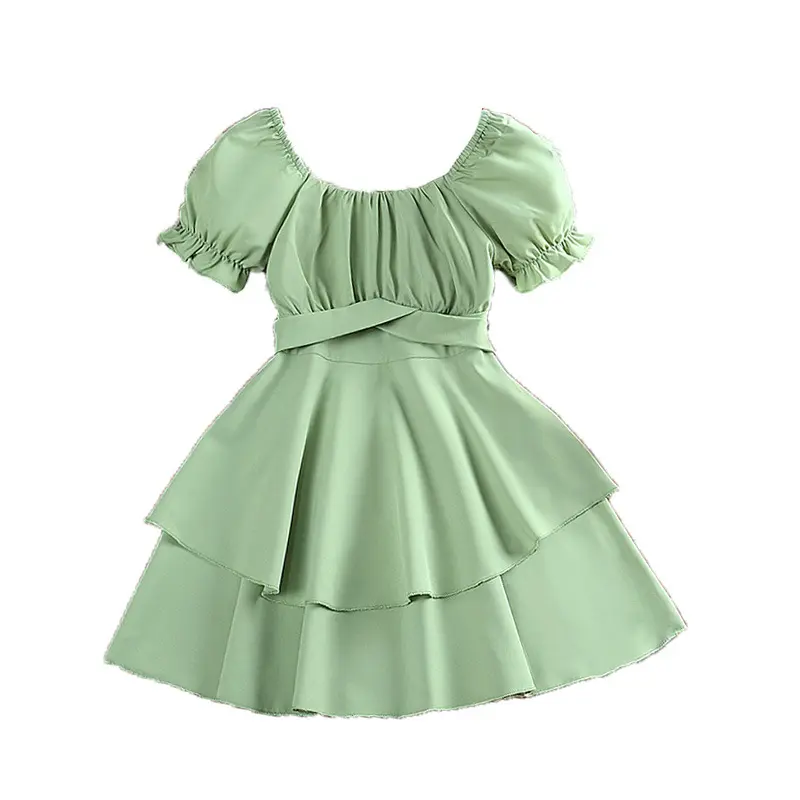Новое летнее платье принцессы с рукавами-пузырьками и завязками на талии, платье для девочек, платье для маленьких девочек, цельнокроеное платье зеленого цвета