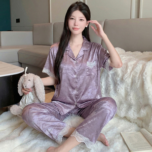 Set di Lusso per Pigiama <span class=keywords><strong>da</strong></span> <span class=keywords><strong>Donna</strong></span>: Top a Maniche Corte e Pantaloni Lunghi, Adatto per l'Uso Diurno, con Finitura Simil-Seta - Product Image 6
