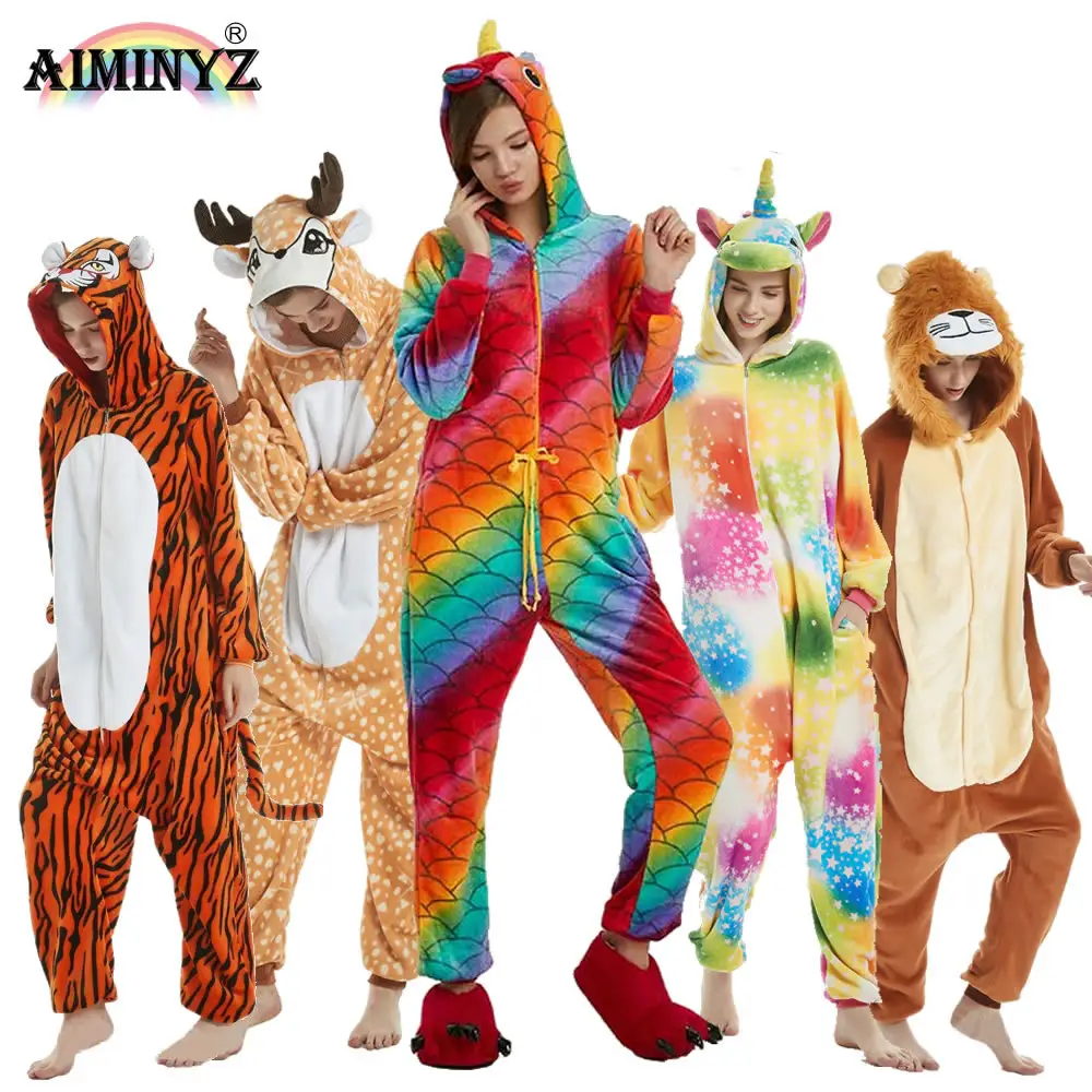 AIMINYZ Großhandel Winter Tier Onesies Karton Weihnachten Flanell Niedlichen Hoodie Pyjama Sets Pyjama Einhorn Frauen Unisex Nachtwäsche