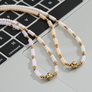 Collier élégant en perles <span class=keywords><strong>de</strong></span> riz blanc, perles d'eau douce, pierres naturelles colorées, perles rondes en acier inoxydable doré sculptées - Product Image 2