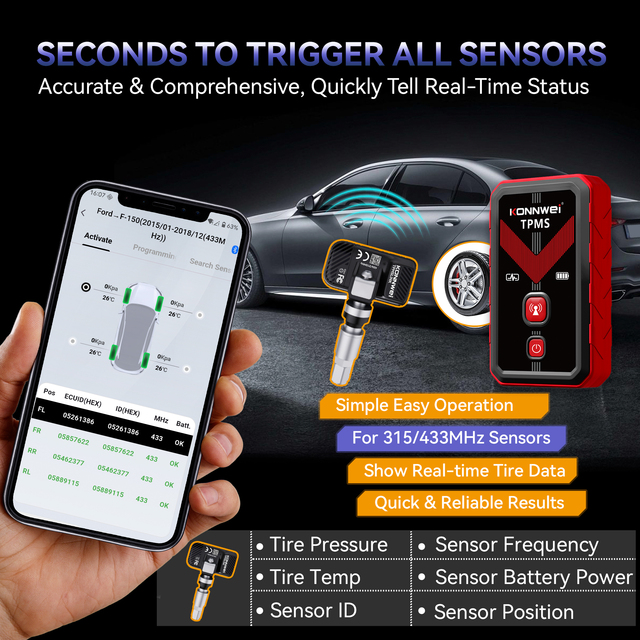 2026 Hot Sale Konnwei TK100 TPMS Tire Pressure Monitoring System Tool with Wireless OBD Relearn Tool TPMS Sensor Activation
