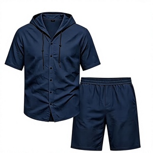 Men Solid Color Breathable Knitted Polyester/Cotton Hooded Short Sleeve Shirt Set Button-Up Top Elastic Waist Shorts Casual - Product Image 1
