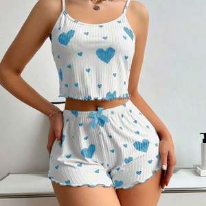 Conjunto de Pijama para Mujer, 2 Piezas, Camiseta sin Mangas y Pantalones Cortos, Tallas S M L, Blanco, Ventilado, Suave, Informal, con Estampado Romántico - Product Image 3