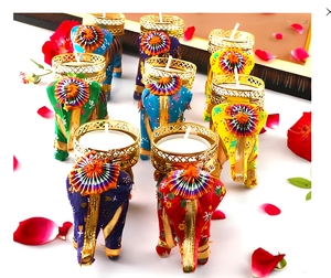 Porte-bougie chauffe-plat éléphant fait main, pot à bougie floral Rangoli, ruban doré, décoration maison mariage Diwali - Product Image 1
