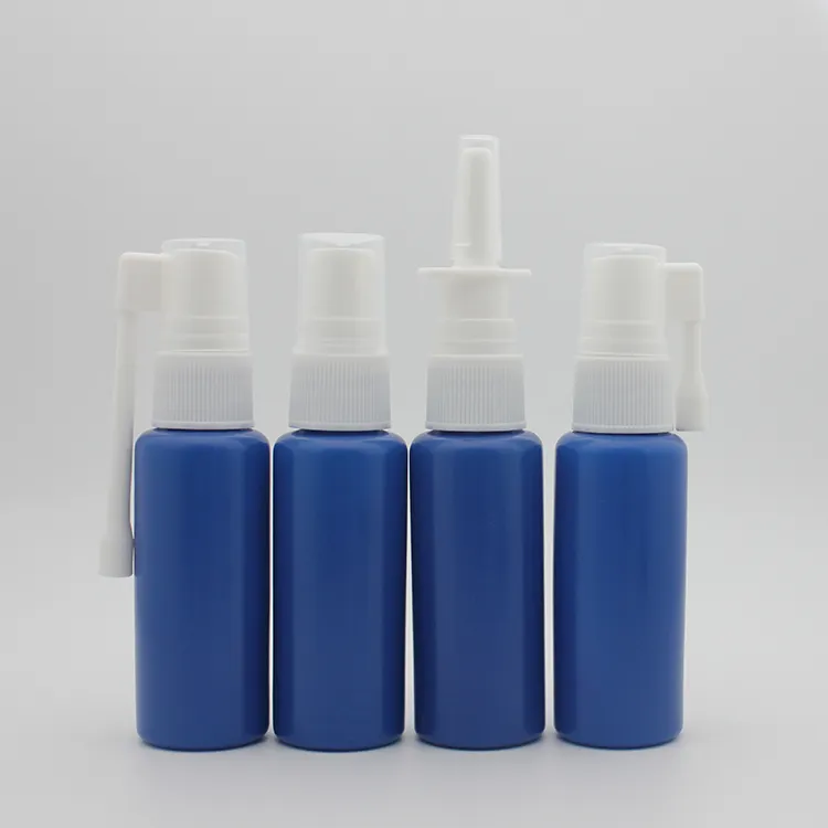 Fabrika doğrudan satış 30ml beyaz kap mavi vücut plastik ince burun spreyi şişesi ilaç ambalaj için