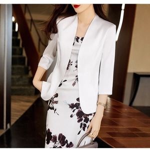 Women's Collarless Blazer Summer Acetate Satin Thin Professional Two Piece Set Solid Color Breathable Pocket Design - Product Image 5