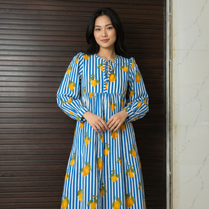 Blue White Striped <b>Lemon</b> Print Cotton Full Sleeve Floor-Length <b>Dress</b> Empire Waist A-Line Romantic Club <b>Dress</b> Adult Style - Product Image 1