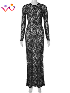 Femmes 2023 Automne Automne Femmes Sexy Lace See Through Streetwear Bodycon Black Long Dress - Product Image 6