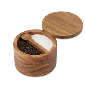 Salero de madera de acacia con cuchara incorporada, tarro de especias para encimera, recipientes para condimentos de cocina, <span class=keywords><strong>olla</strong></span> para condimentos para mesa de comedor - Product Image 1