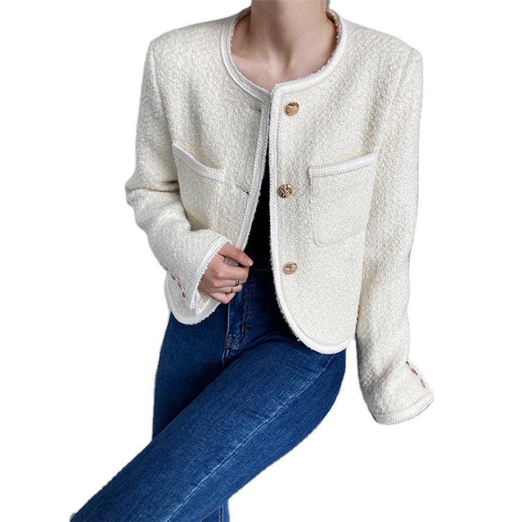 2022 French style autumn winter short tweed jacket ladies simple blank open sweaters elegant crop tops button cardigan