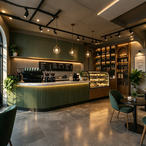 Café chaleureux avec comptoir vert côtelé, vitrine à pâtisseries, éclairage sur rail et plantes luxuriantes. - Product Image 1
