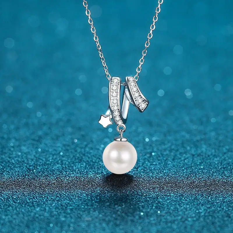 Collana a catena con clavicola in argento Sterling 925 con perle d'acqua dolce impeccabili e Moissanite per le donne