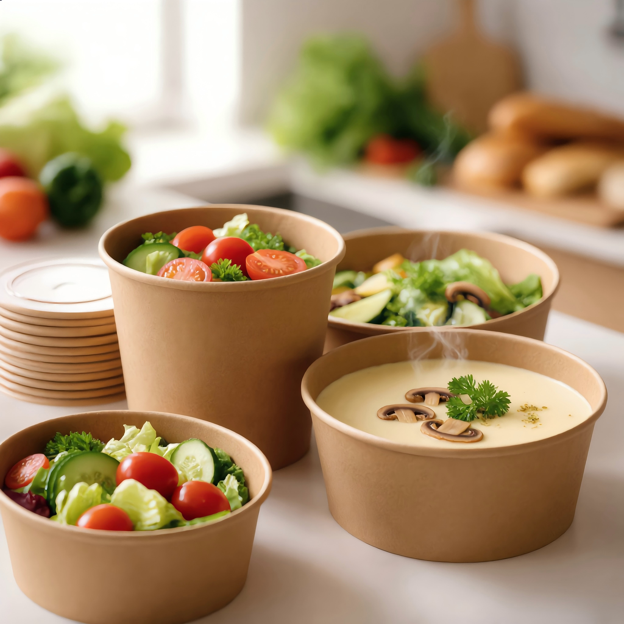 Custom Premium Quality Kraft Paper Plates & Bowls White Disposable Food Grade Kraft Paper Bowls with Lid for Takeaway Salad