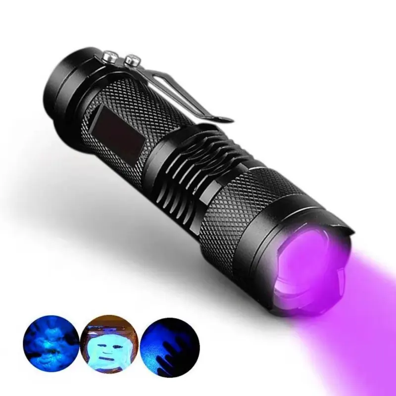 Mini tamaño 405nm 395nm 365nm ultravioleta barato UV LED linterna luz negra UV curado luz antorcha con zoom