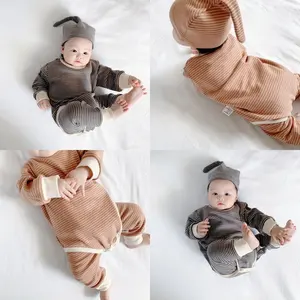 Комбинезон с длинным рукавом, штаны в полоску и шапка для новорожденных, комплект из 3 предметов, Осень-зима 2021