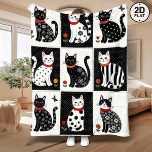Black White <b>Cat</b> Flannel Blanket Throw Blanket Nap Blanket Super Soft Machine Washable for Bed Sofa <b>Couch</b> Custom Print Wholesale - Product Image 2