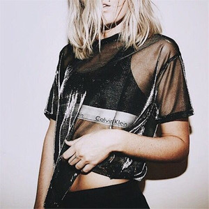 Moda <span class=keywords><strong>mujer</strong></span> sexy de cuello redondo de malla de perspectiva Top corto negro malla cultivo <span class=keywords><strong>camisa</strong></span> con manga corta - Product Image 5