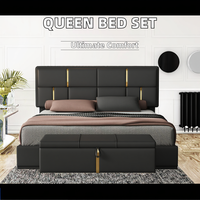 Ensemble de chambre à coucher 2 pièces style européen, lit Queen Size rembourré en PU, lit plateforme avec système de rangement hydraulique, sans sommier, noir