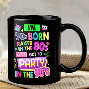 ถ้วยกาแฟเซรามิกย้อนยุคแบรนด์ตลก70S <span class=keywords><strong>90s</strong></span> พร้อมแก้วน้ำสีดำทนทานพร้อมข้อความ "ฉันเกิดในยุค70" สำหรับวันเกิด - Product Image 1