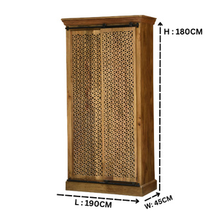 Solid Wood Sliding Door <b>Wardrobe</b> with Handwoven Cane Panels | Natural Finish Space-Saving Almirah | Modern <b>Rustic</b> Bedroom - Product Image 6