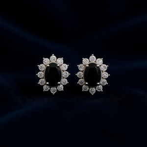 Boucles d'oreilles classiques en forme de fleur pour femmes, avec zircon noir ovale et accents de diamants, en alliage métallique, bijoux de fête, modèle E696 - Product Image 2