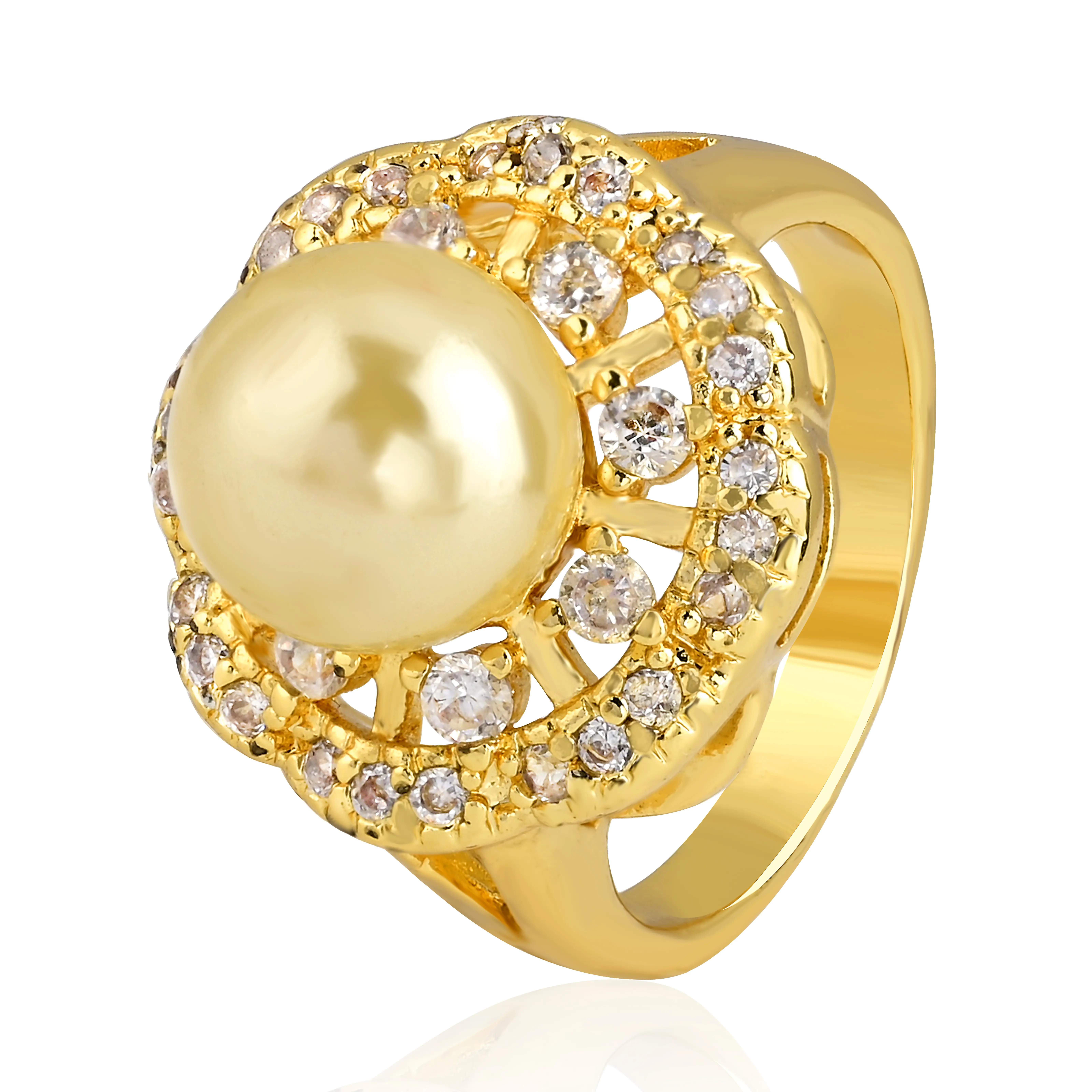 パールローズフラワー18 Kゴールドメッキソリティア結婚指輪銅ジュエリー繊細でエレガントなホワイトイミテーション