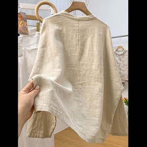 Chinese Style Linen Long Sleeve Shirt Beige Cotton Blend Traditional Zen Inspired Daily Wear Top - Product Image 4