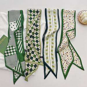 कस्टम जैतून-हरे लोगो डिजाइन संकीर्ण बैग नेकरचीफ रेशम हेडबैंड स्ट्रीमर स्किनी स्कार्फ महिला रिबन ट्रेंडी बाल - Product Image 3