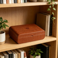 Boîte cadeau en bois enveloppée de cuir PU marron, doublure en daim, logo personnalisé, charnière dorée pour emballage de parfums de luxe et souvenirs arabes