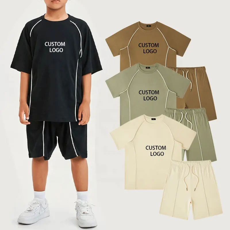 Kinder Streetwear Jungen 2-teiliges Set Übergroßes T-Shirt 100% Baumwolle Track Shorts Paspelierung Jog Sports Custom Short Sets Kinder Sommer