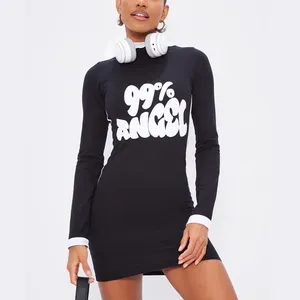 Mini vestido Sexy de algodón de manga larga para mujer de alta calidad, vestido ajustado de manga en contraste con eslogan de Ángel estampado negro