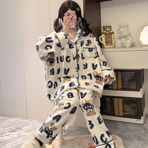 Ensembles de vêtements de nuit flanelle automne et hiver corail polaire pyjamas femmes à manches longues dessin animé imprimé Cardigan pyjamas ensemble - Product Image 5