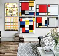 Peinture murale moderne abstraite Mondrian, blocs de couleurs rouge, jaune, bleu, carrés, sans cadre, peinture décorative esthétique pour chambre d'enfant