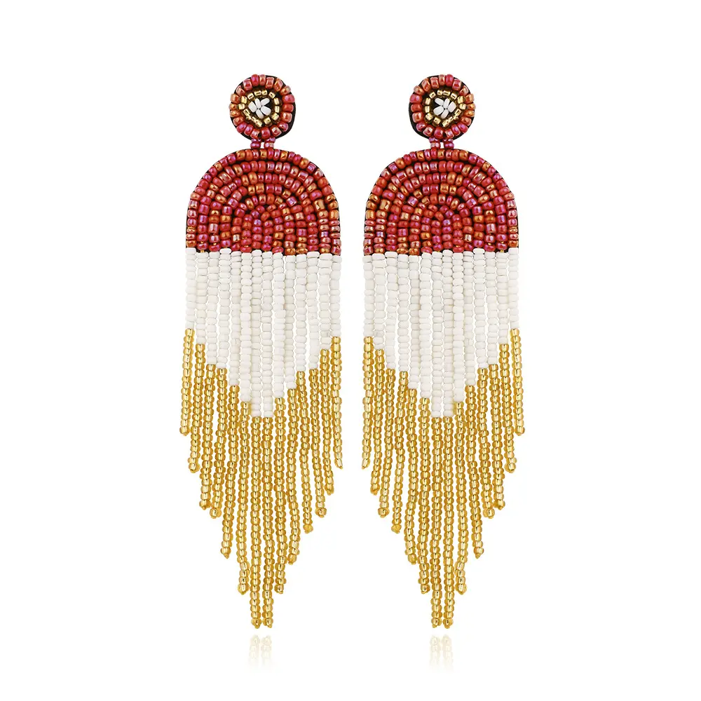 Original hypoallergenic national wind handmade colored rice beads bohemian tassel earrings