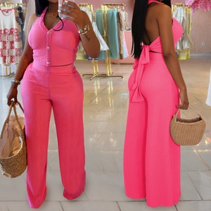 Women's Casual Halter-Neck <b>Tie</b>-<b>Back</b> Top and Pants 2-Piece Set Fashion - Product Image 1