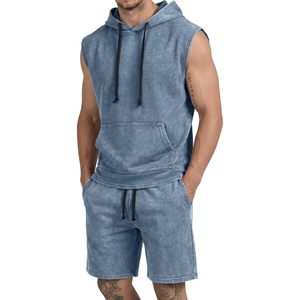 Conjunto de Sudadera sin Mangas y Pantalones Cortos para Hombre FOXA, Ropa Deportiva de Algodón Lavado al Ácido, Traje Deportivo Informal para Hombre - Product Image 1