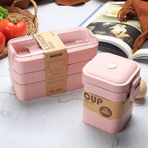 1000ML Japanese Wheat Straw Stackable 3 Layers Office Student Lunch Box Bento Lunch Box With Spoon And Fork