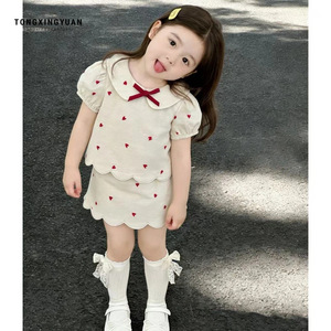 Girls Embroidered Heart Two Piece Set Cotton Dress With Peter Pan Collar Summer Outfit For Kids - Product Image 1